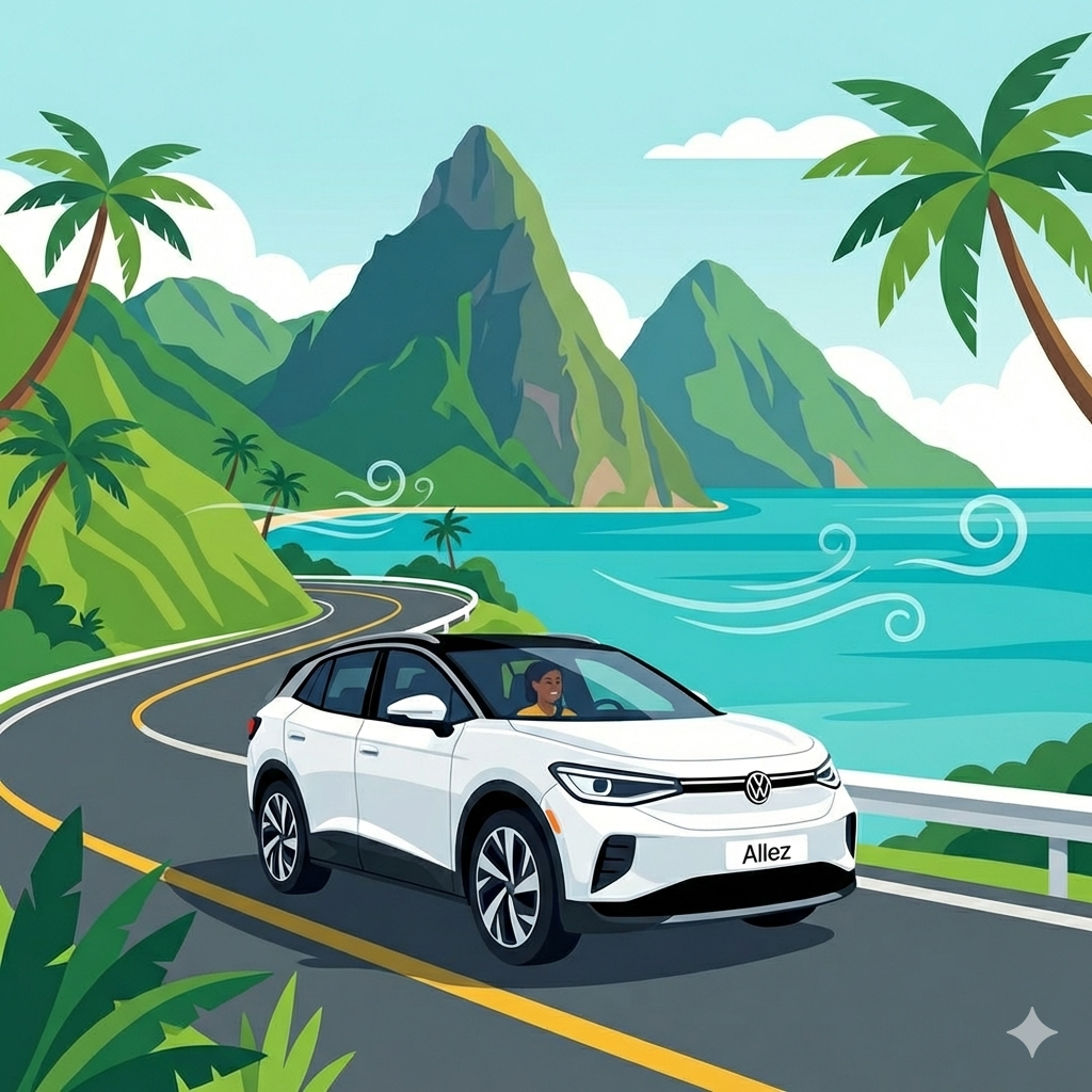 Allez vehicle travelling through a Caribbean island landscape